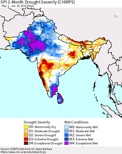 Southern Asia SPI 2-Month Drought Severity (CHIRPS) Thematic Map For 5/1/2023 - 6/30/2023