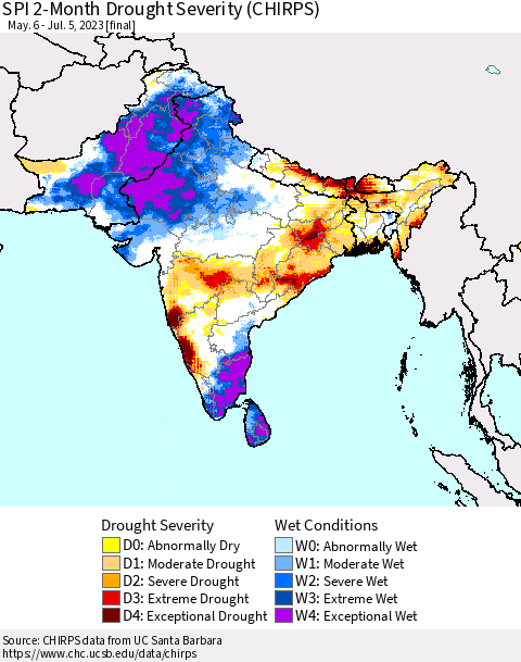 Southern Asia SPI 2-Month Drought Severity (CHIRPS) Thematic Map For 5/6/2023 - 7/5/2023
