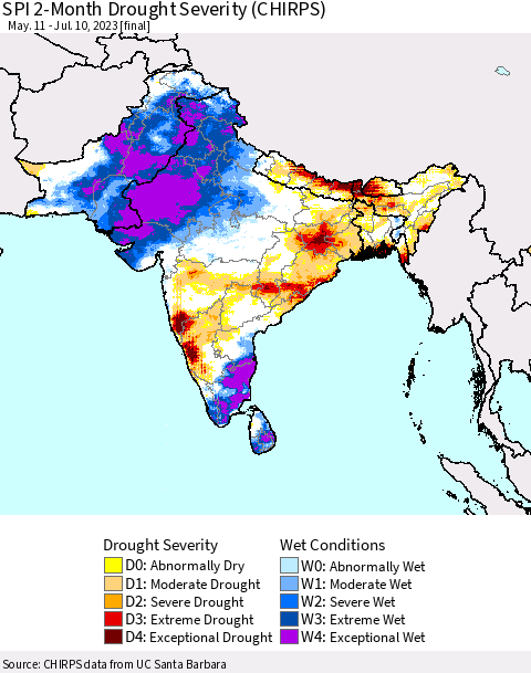 Southern Asia SPI 2-Month Drought Severity (CHIRPS) Thematic Map For 5/11/2023 - 7/10/2023