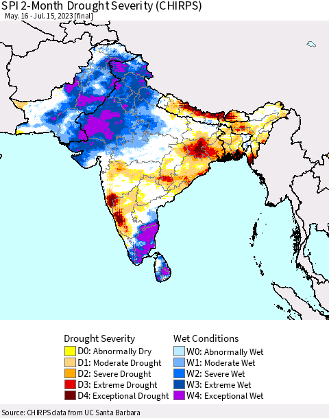 Southern Asia SPI 2-Month Drought Severity (CHIRPS) Thematic Map For 5/16/2023 - 7/15/2023