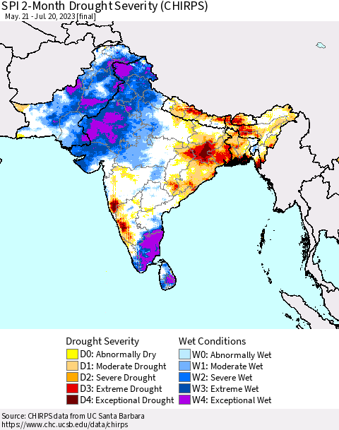 Southern Asia SPI 2-Month Drought Severity (CHIRPS) Thematic Map For 5/21/2023 - 7/20/2023