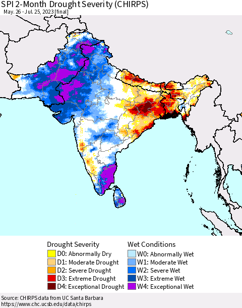 Southern Asia SPI 2-Month Drought Severity (CHIRPS) Thematic Map For 5/26/2023 - 7/25/2023
