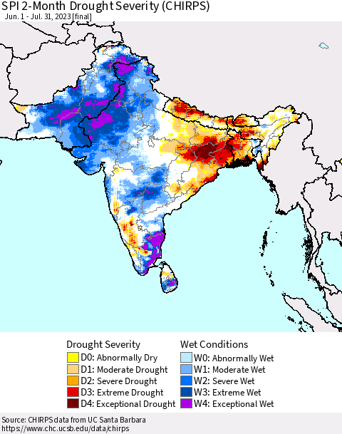 Southern Asia SPI 2-Month Drought Severity (CHIRPS) Thematic Map For 6/1/2023 - 7/31/2023