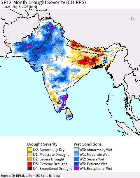 Southern Asia SPI 2-Month Drought Severity (CHIRPS) Thematic Map For 6/6/2023 - 8/5/2023