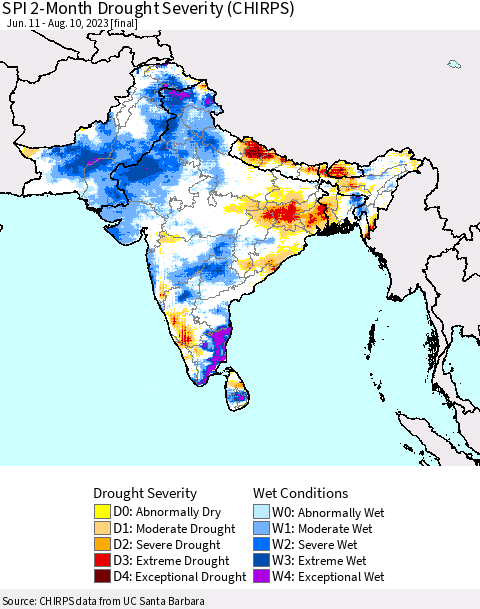 Southern Asia SPI 2-Month Drought Severity (CHIRPS) Thematic Map For 6/11/2023 - 8/10/2023