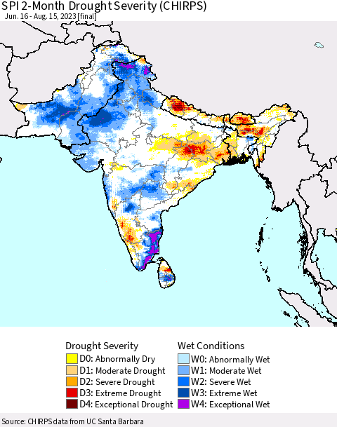 Southern Asia SPI 2-Month Drought Severity (CHIRPS) Thematic Map For 6/16/2023 - 8/15/2023