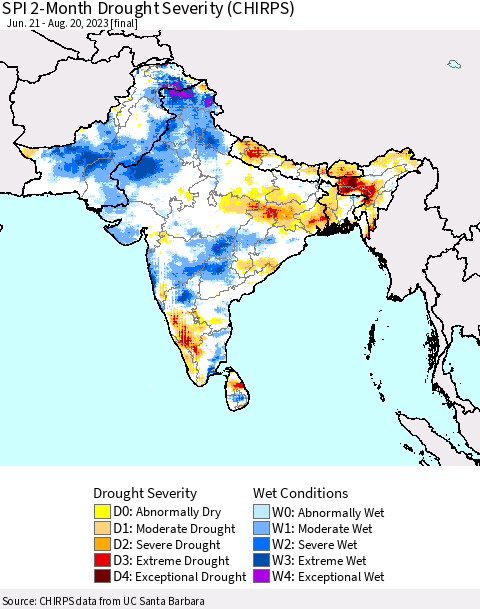 Southern Asia SPI 2-Month Drought Severity (CHIRPS) Thematic Map For 6/21/2023 - 8/20/2023