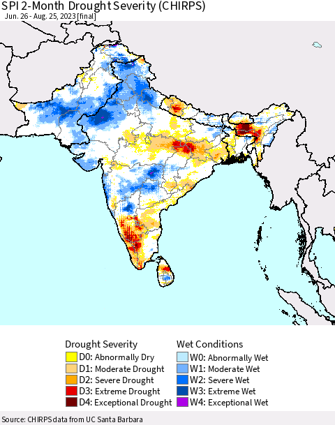 Southern Asia SPI 2-Month Drought Severity (CHIRPS) Thematic Map For 6/26/2023 - 8/25/2023