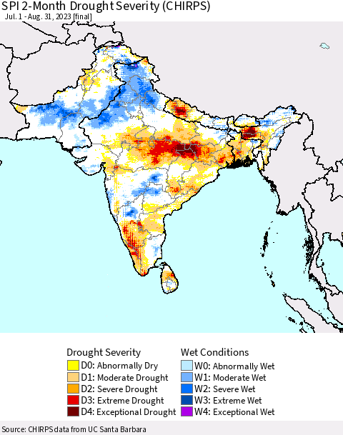 Southern Asia SPI 2-Month Drought Severity (CHIRPS) Thematic Map For 7/1/2023 - 8/31/2023