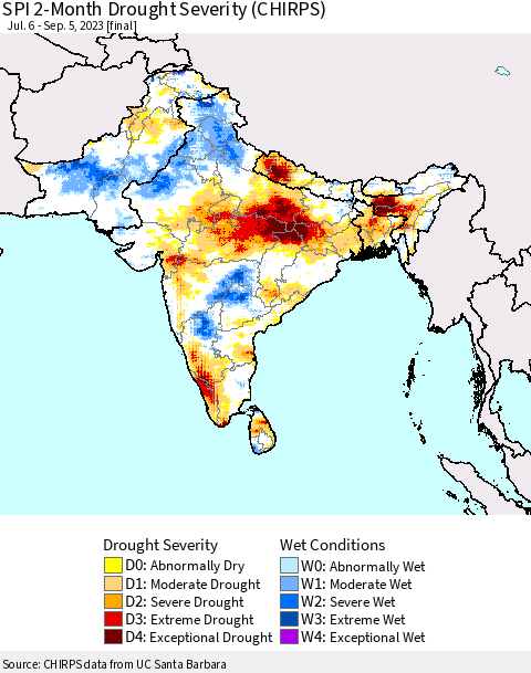Southern Asia SPI 2-Month Drought Severity (CHIRPS) Thematic Map For 7/6/2023 - 9/5/2023