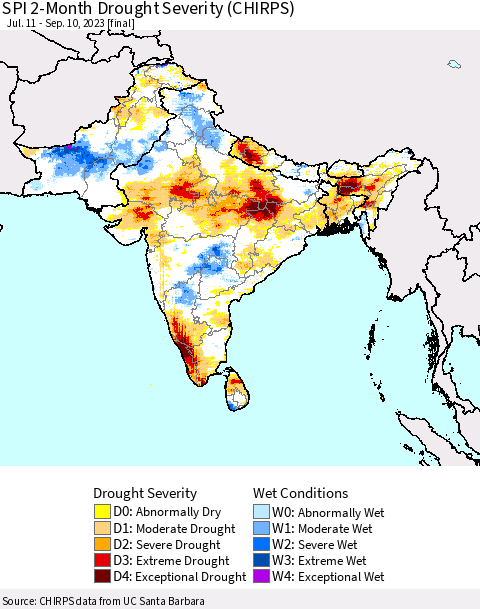 Southern Asia SPI 2-Month Drought Severity (CHIRPS) Thematic Map For 7/11/2023 - 9/10/2023