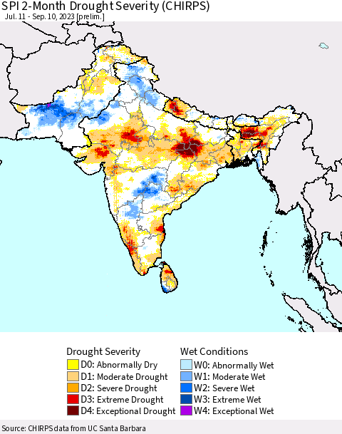 Southern Asia SPI 2-Month Drought Severity (CHIRPS) Thematic Map For 7/11/2023 - 9/10/2023
