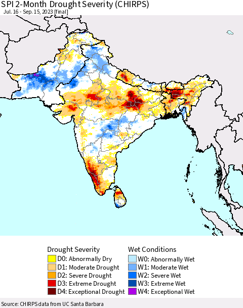 Southern Asia SPI 2-Month Drought Severity (CHIRPS) Thematic Map For 7/16/2023 - 9/15/2023