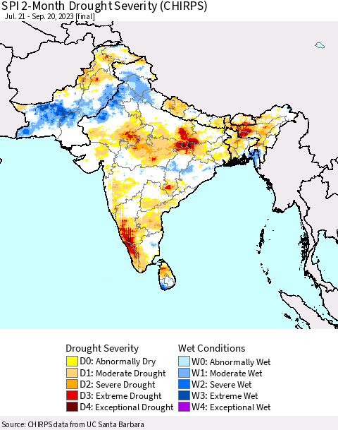 Southern Asia SPI 2-Month Drought Severity (CHIRPS) Thematic Map For 7/21/2023 - 9/20/2023