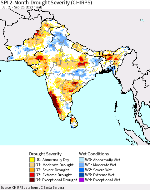 Southern Asia SPI 2-Month Drought Severity (CHIRPS) Thematic Map For 7/26/2023 - 9/25/2023