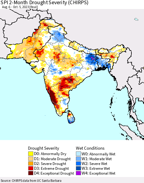 Southern Asia SPI 2-Month Drought Severity (CHIRPS) Thematic Map For 8/6/2023 - 10/5/2023