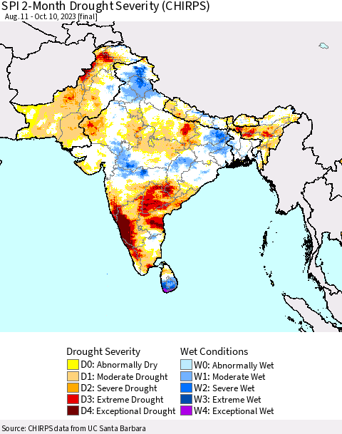 Southern Asia SPI 2-Month Drought Severity (CHIRPS) Thematic Map For 8/11/2023 - 10/10/2023