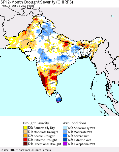 Southern Asia SPI 2-Month Drought Severity (CHIRPS) Thematic Map For 8/16/2023 - 10/15/2023