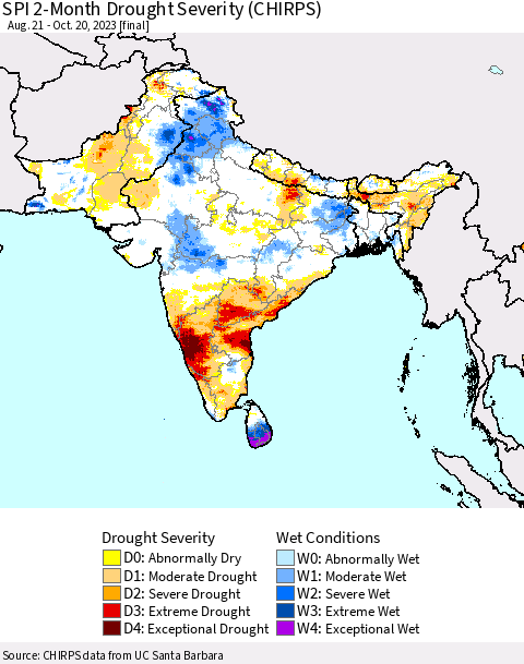 Southern Asia SPI 2-Month Drought Severity (CHIRPS) Thematic Map For 8/21/2023 - 10/20/2023