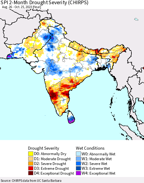 Southern Asia SPI 2-Month Drought Severity (CHIRPS) Thematic Map For 8/26/2023 - 10/25/2023