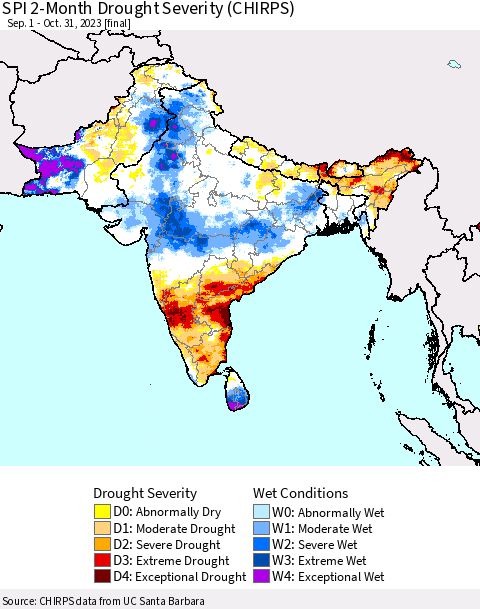 Southern Asia SPI 2-Month Drought Severity (CHIRPS) Thematic Map For 9/1/2023 - 10/31/2023