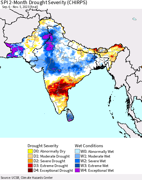 Southern Asia SPI 2-Month Drought Severity (CHIRPS) Thematic Map For 9/6/2023 - 11/5/2023
