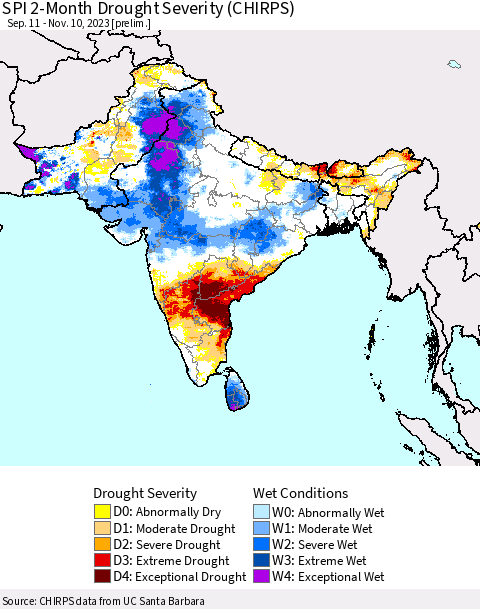 Southern Asia SPI 2-Month Drought Severity (CHIRPS) Thematic Map For 9/11/2023 - 11/10/2023
