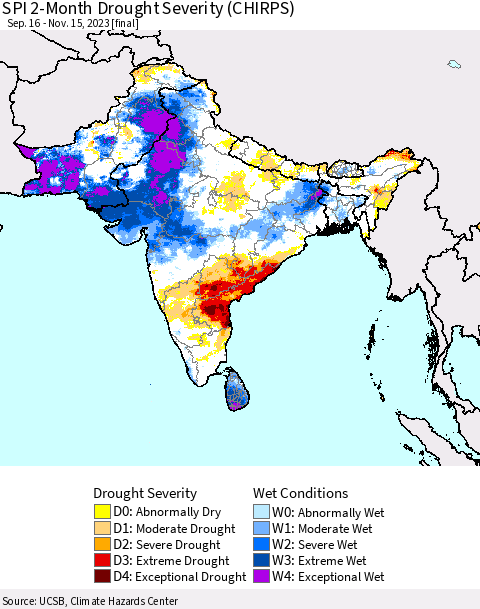 Southern Asia SPI 2-Month Drought Severity (CHIRPS) Thematic Map For 9/16/2023 - 11/15/2023