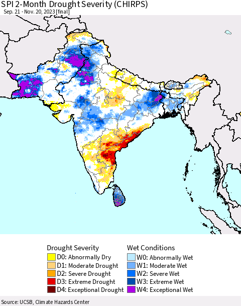 Southern Asia SPI 2-Month Drought Severity (CHIRPS) Thematic Map For 9/21/2023 - 11/20/2023