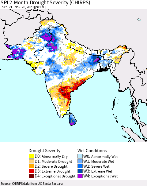 Southern Asia SPI 2-Month Drought Severity (CHIRPS) Thematic Map For 9/21/2023 - 11/20/2023