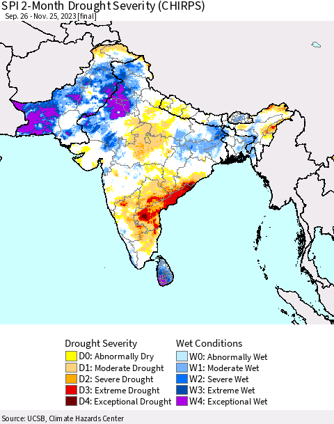 Southern Asia SPI 2-Month Drought Severity (CHIRPS) Thematic Map For 9/26/2023 - 11/25/2023