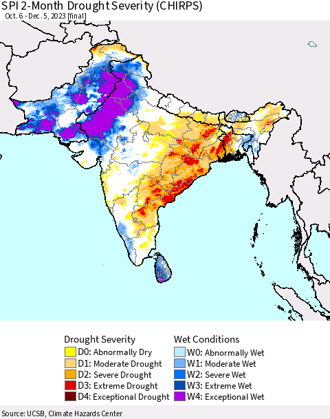 Southern Asia SPI 2-Month Drought Severity (CHIRPS) Thematic Map For 10/6/2023 - 12/5/2023