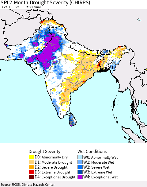 Southern Asia SPI 2-Month Drought Severity (CHIRPS) Thematic Map For 10/11/2023 - 12/10/2023