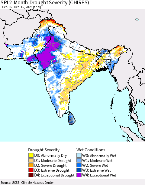 Southern Asia SPI 2-Month Drought Severity (CHIRPS) Thematic Map For 10/16/2023 - 12/15/2023