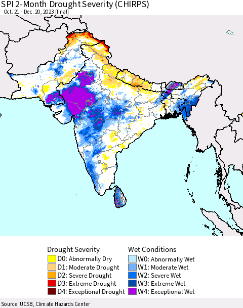 Southern Asia SPI 2-Month Drought Severity (CHIRPS) Thematic Map For 10/21/2023 - 12/20/2023