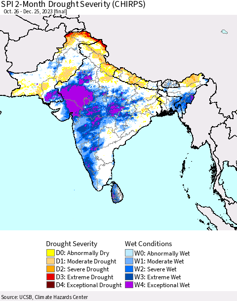 Southern Asia SPI 2-Month Drought Severity (CHIRPS) Thematic Map For 10/26/2023 - 12/25/2023