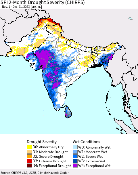 Southern Asia SPI 2-Month Drought Severity (CHIRPS) Thematic Map For 11/1/2023 - 12/31/2023