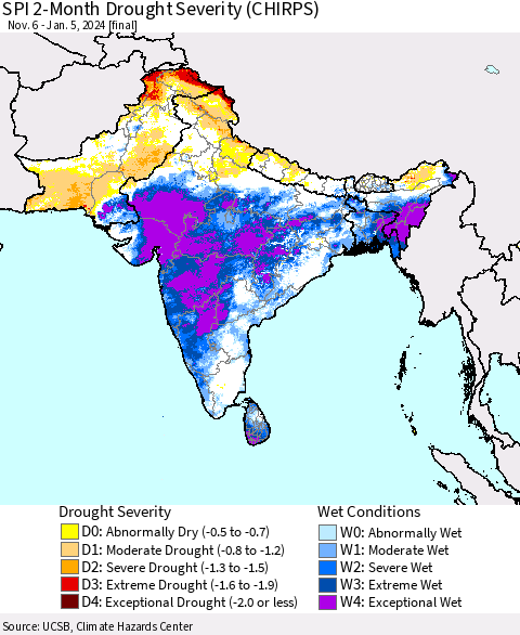 Southern Asia SPI 2-Month Drought Severity (CHIRPS) Thematic Map For 11/6/2023 - 1/5/2024