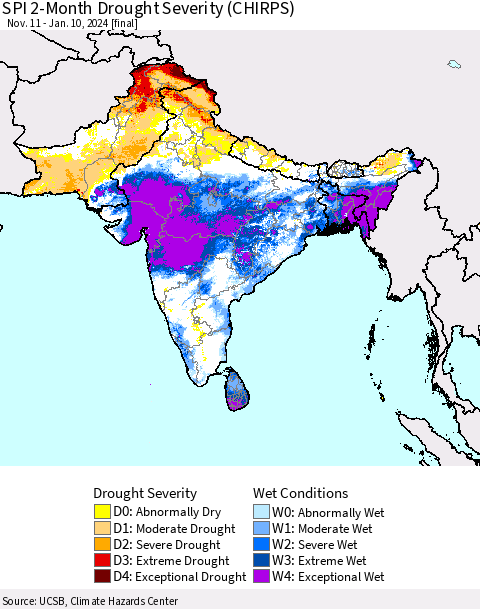 Southern Asia SPI 2-Month Drought Severity (CHIRPS) Thematic Map For 11/11/2023 - 1/10/2024