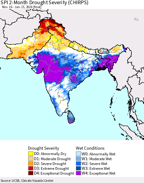 Southern Asia SPI 2-Month Drought Severity (CHIRPS) Thematic Map For 11/16/2023 - 1/15/2024