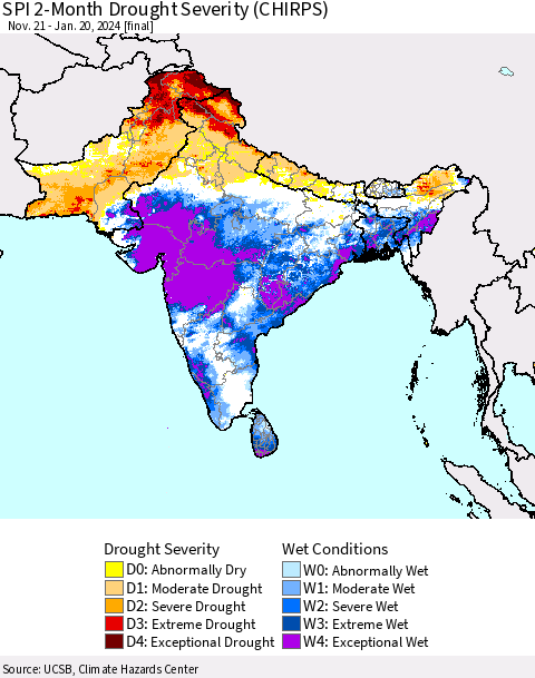 Southern Asia SPI 2-Month Drought Severity (CHIRPS) Thematic Map For 11/21/2023 - 1/20/2024