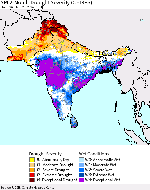 Southern Asia SPI 2-Month Drought Severity (CHIRPS) Thematic Map For 11/26/2023 - 1/25/2024