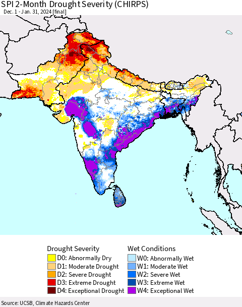 Southern Asia SPI 2-Month Drought Severity (CHIRPS) Thematic Map For 12/1/2023 - 1/31/2024