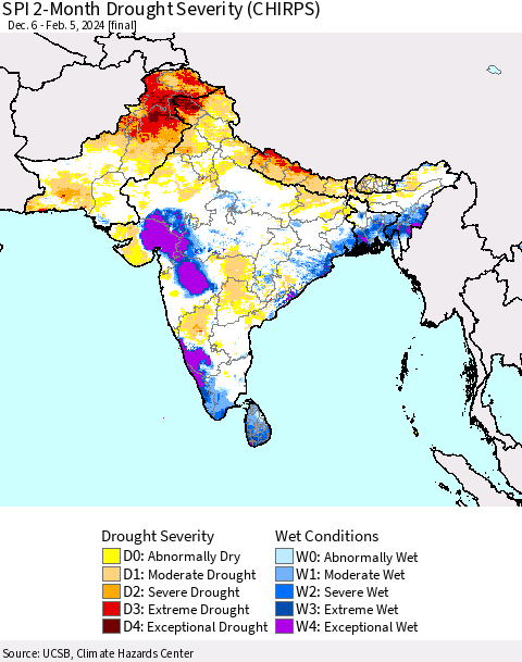 Southern Asia SPI 2-Month Drought Severity (CHIRPS) Thematic Map For 12/6/2023 - 2/5/2024