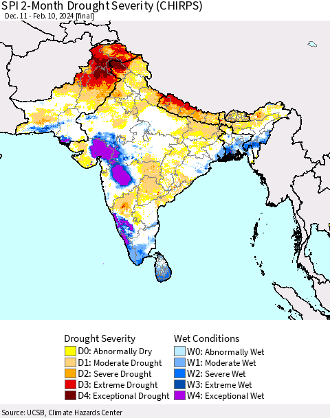 Southern Asia SPI 2-Month Drought Severity (CHIRPS) Thematic Map For 12/11/2023 - 2/10/2024
