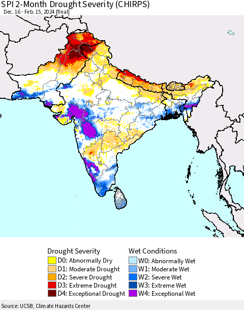 Southern Asia SPI 2-Month Drought Severity (CHIRPS) Thematic Map For 12/16/2023 - 2/15/2024