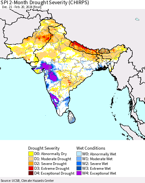 Southern Asia SPI 2-Month Drought Severity (CHIRPS) Thematic Map For 12/21/2023 - 2/20/2024