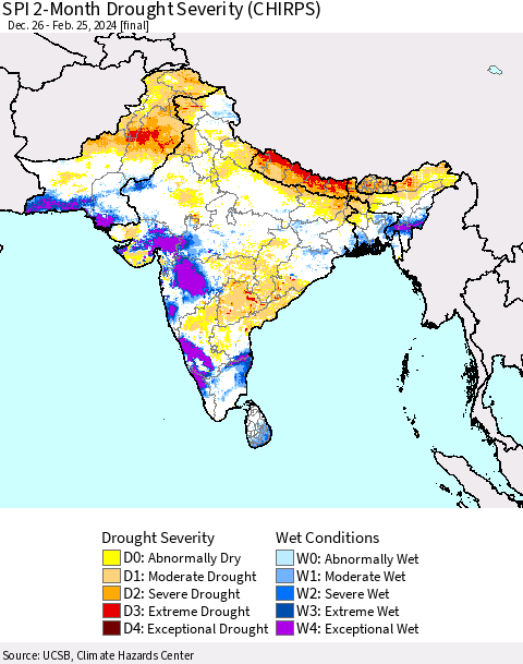 Southern Asia SPI 2-Month Drought Severity (CHIRPS) Thematic Map For 12/26/2023 - 2/25/2024