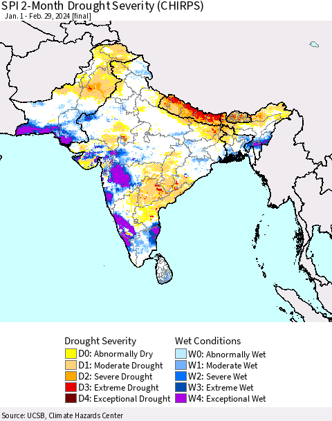Southern Asia SPI 2-Month Drought Severity (CHIRPS) Thematic Map For 1/1/2024 - 2/29/2024