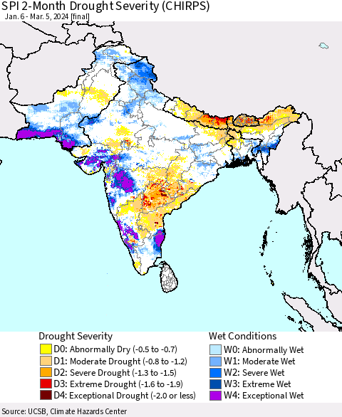 Southern Asia SPI 2-Month Drought Severity (CHIRPS) Thematic Map For 1/6/2024 - 3/5/2024
